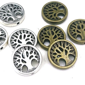 4pcs, 10pcs or 20pcs Bulk Tree Of Life Antique Silver or Bronze Pewter Coin Disc Flat Round Beads Double sided 18mm
