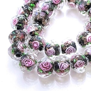 14 Czech Gold Sand Glass Faceted Rondelle Beads Black Encased Rose Flower 12x8mm (e7044)