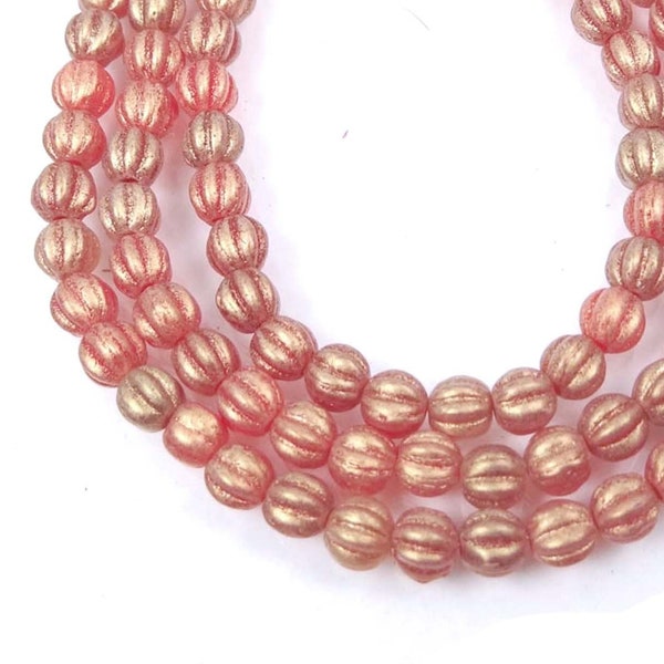 Sueded Gold Ruby 50 Czech Glass Melon Round Beads 5mm   (C473)