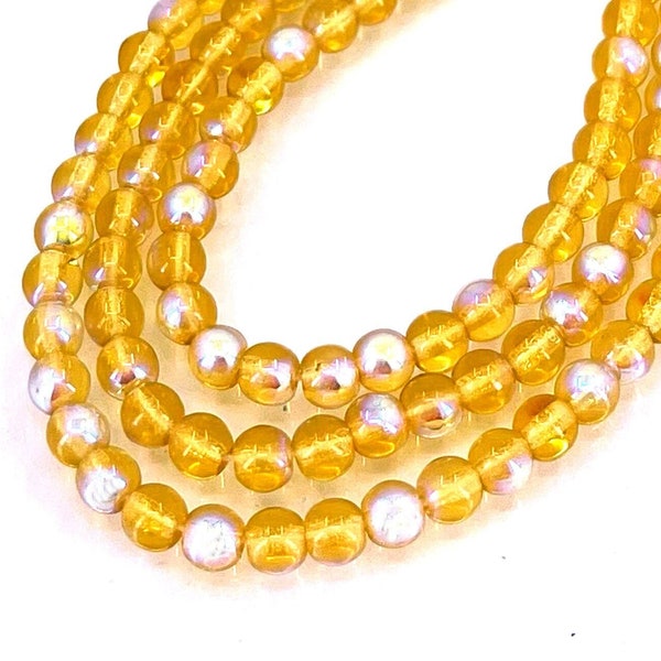 100 Czech Glass Round Beads - AB moonstone: Medium Topaz 4mm (C620)