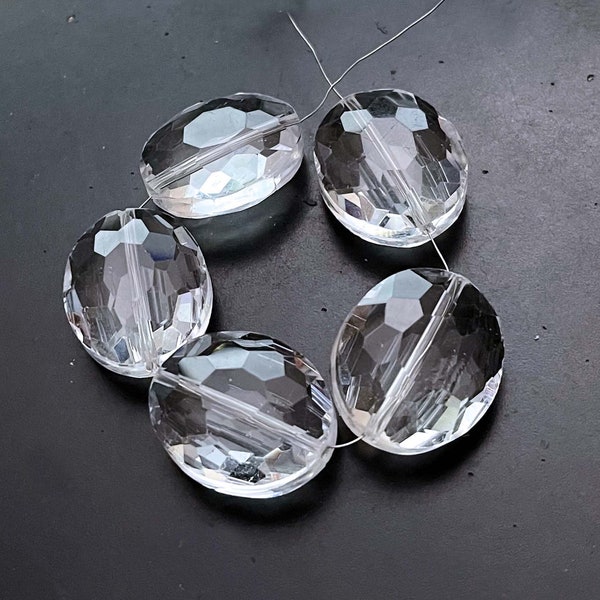 5 Large Fire Polish Glass Clear Crystal Faceted Oval Focal Beads 24x20mm (e8164)