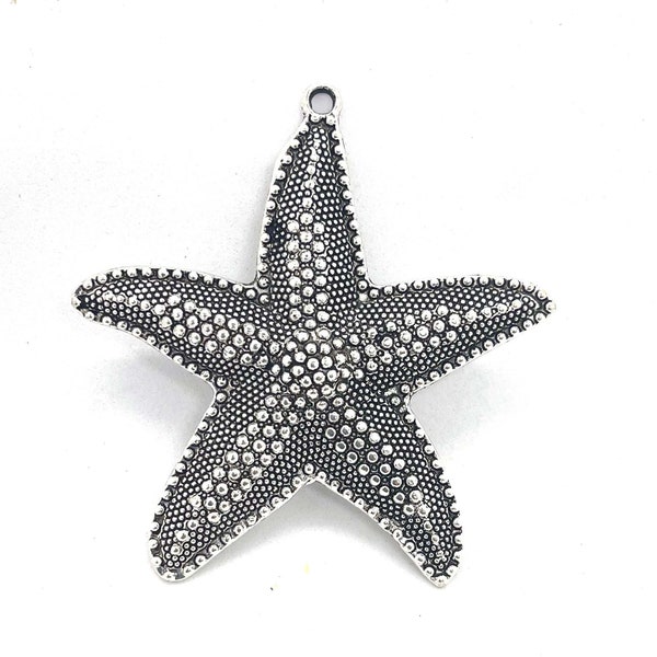 1 Large Sea Star Fish starfish XL Antique Silver Pewter Marine Charm Pendant 66mm (p466)