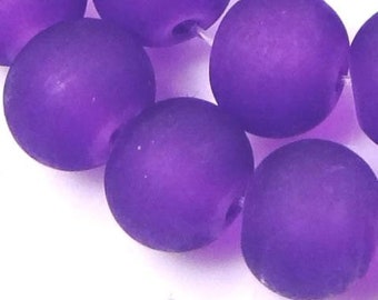 8mm Dark Violet 25 Frosted Sea Glass Round Beads Matte (e7155)