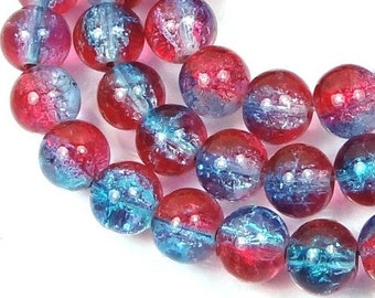 8mm Glass Crackle Cracked Round Beads - Aqua / Ruby (50) Full strand (e6674)