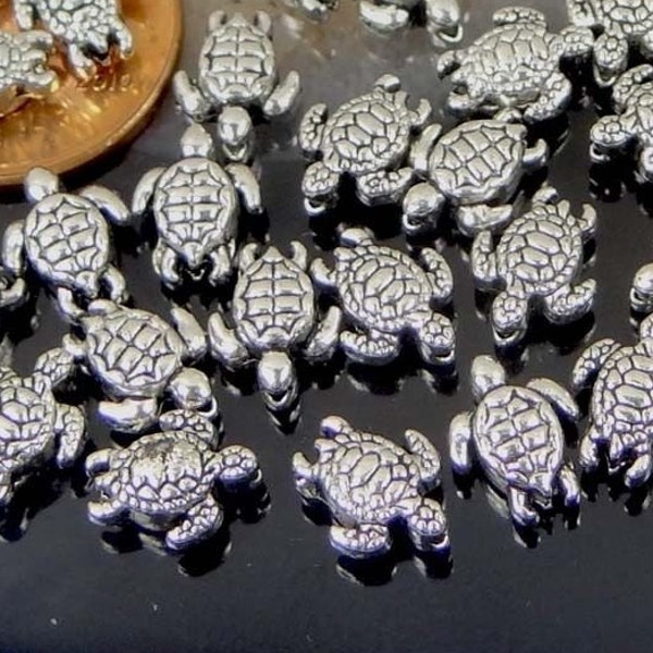 20 tiny Antique Silver Pewter Turtle Beads 9x7mm  (p204)