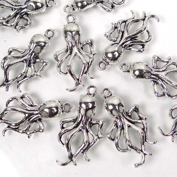 10 Silver Pewter Cuttlefish Octopus Charms 32x18mm  (P256)