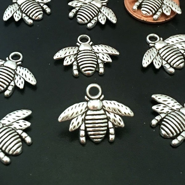 10 Honey Bee Charms Antique Silver Pewter Honeybee 16x20mm (p414)