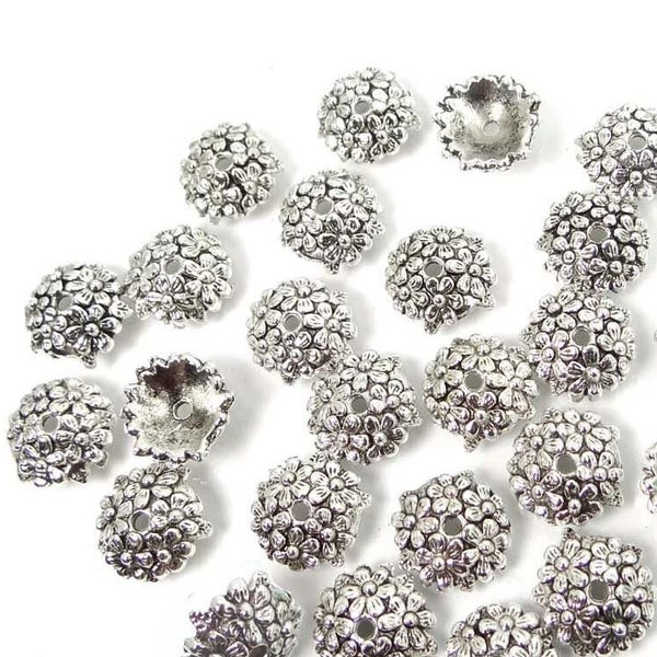 20 Antique Silver Pewter Flower Bead Caps 11mm (p297)