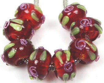 Lampwork Handmade Big Hole European Fit Charm Bracelet Amaranth Crimson Flower 8 Charms Lampwork Handmade Big Hole European Fit Charm Bracelet Amaranth Crimson Flower 8 Charms