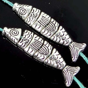 2 small Greek Worry Fish Antiqued Silver Pewter Segmented Assembled Focal Pendant Bead 35x8mm p296 image 1