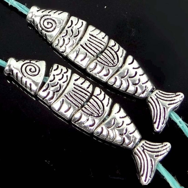 2 small Greek Worry Fish - Antiqued Silver Pewter Segmented Assembled Focal Pendant Bead 35x8mm - (p296)