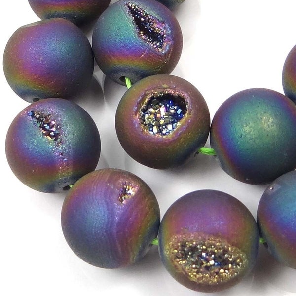 12mm Druzy Agate Matte Peacock Rainbow Round Beads (12 pcs) (e7069)