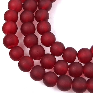 50  Matte Ruby Frosted Sea Glass Round / Rocaille Beads 6mm (7949)