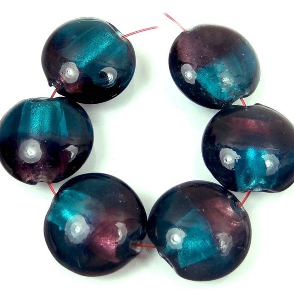 6 Lampwork Handmade Glass Beads Silver Foil Amethyst Aqua Lentil 20mm  (L1200)