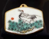 Hand Painted Pottery Shard Porcelain Pendant - Crane 35x42mm (e7089-01)