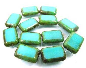 Turquoise Picasso 12 Czech Glass Rectangle Beads 12mm (c082)