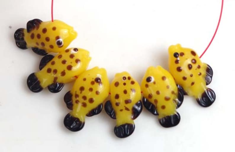 6 Lampwork Handmade Glass Yellow Fish Beads 21x12mm