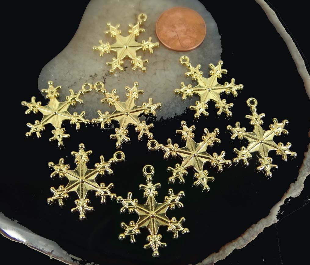 thumbnail image 2 of Set Of 8 Golden Pewter Snowflake Charms – 28x21mm Christmas Pendant Craft Supply 2 of 4