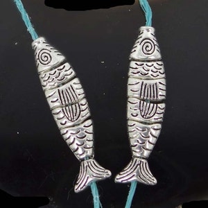 2 small Greek Worry Fish Antiqued Silver Pewter Segmented Assembled Focal Pendant Bead 35x8mm p296 image 3