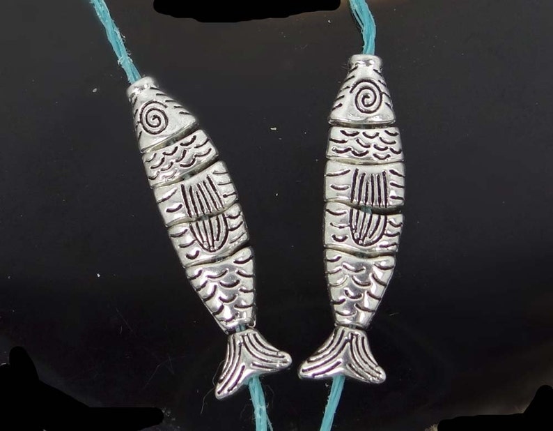 2 small Greek Worry Fish Antiqued Silver Pewter Segmented Assembled Focal Pendant Bead 35x8mm p296 image 3