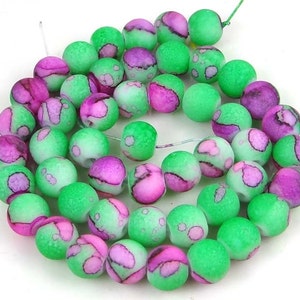 8mm Matte Frosted Glass Round Beads Dual Coated - Green w/ Pink Full Strand (e0007)