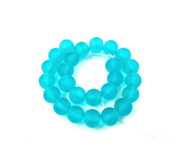 Caribbean Blue 8mm 25 Frosted Sea Glass Round Beads Matte 