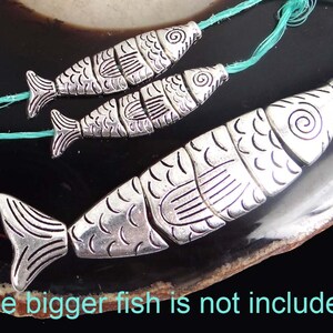 2 small Greek Worry Fish Antiqued Silver Pewter Segmented Assembled Focal Pendant Bead 35x8mm p296 image 5