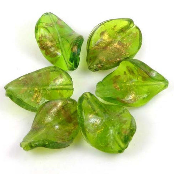 6 Lampwork Handmade Glass Gold Dichroic Peridot Green Twist Beads (L1053)