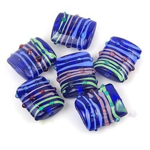 6 Lampwork Handmade Glass Rectangle Pink Green Blue Ribbon beads (L1080)