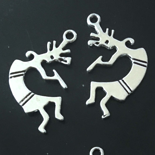 6 Kokopelli Charms Antique Silver Native American Symbol Dancing Flute 2 side 32x18mm (p412)