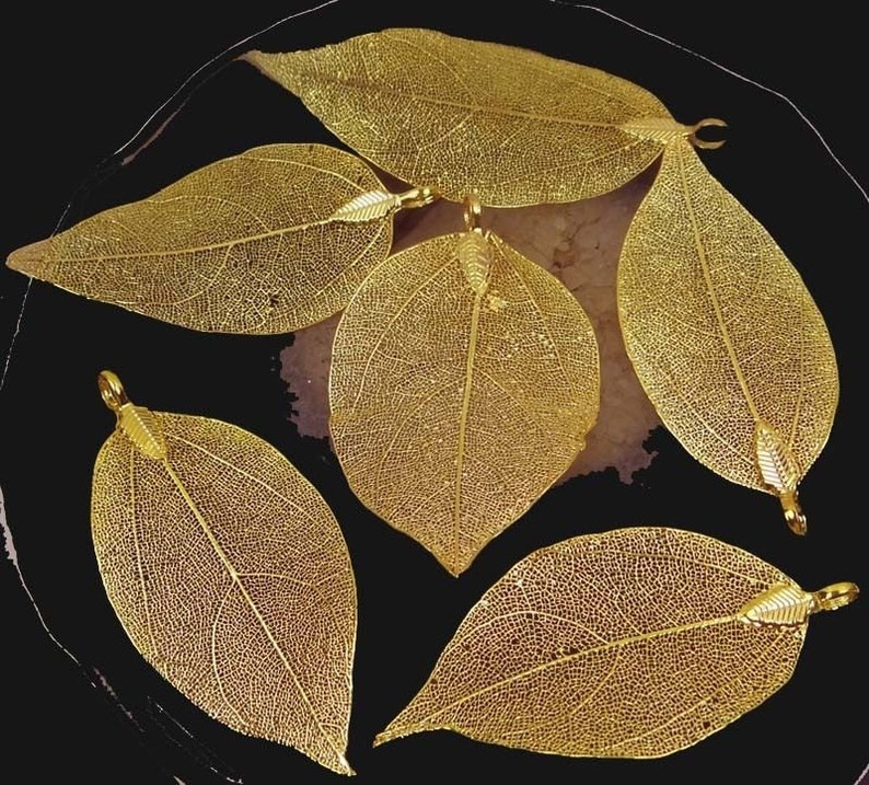 60-75mm Natural real Leaf Metalic Gold Plated Pendant e7117