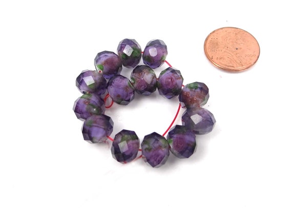14 Czech Glass Faceted Rondelle Beads Blue Violet Encased Rose Flower 12x9mm 