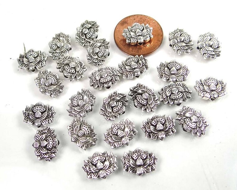 15 Antique Silver Pewter Lotus Flower Buddhist Beads 12x8mm 