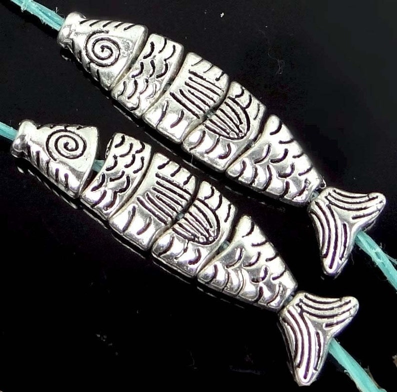 2 small Greek Worry Fish Antiqued Silver Pewter Segmented Assembled Focal Pendant Bead 35x8mm p296 image 1