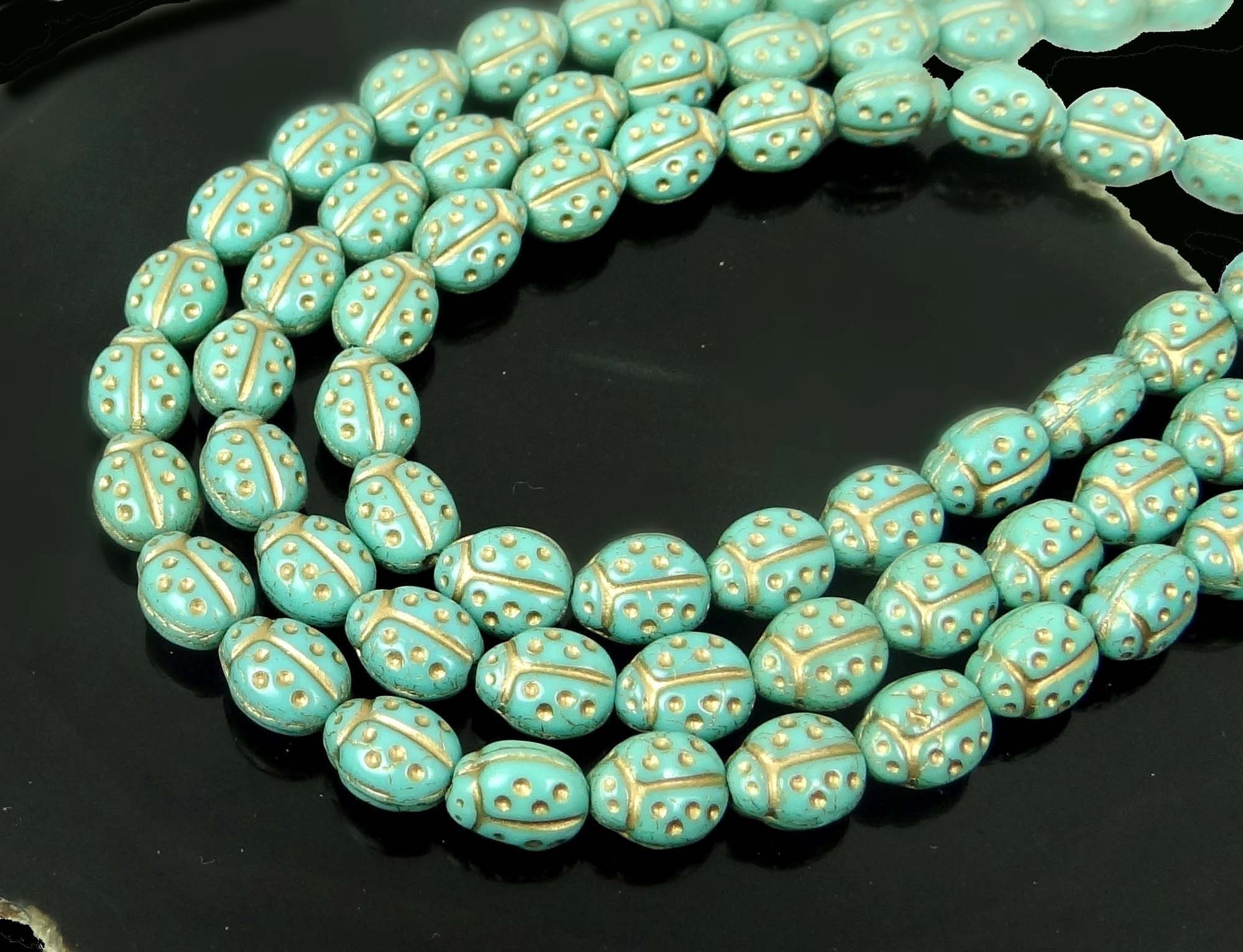 15 Czech Glass Ladybugs Beads C582 Opaque Turquoise with Gold Inlay 9x7mm