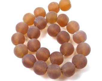 8mm Smoky Topaz  Frosted Matte Sea Glass Round  25 pcs Beads (e7330)