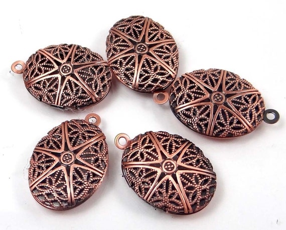5 Antiuque Copper Filigree Hollow Locket Heart Pendants 26x24mm