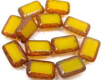 Milky Yellow - Picasso 12 Czech Glass Rectangle Beads 12x8mm (C394)