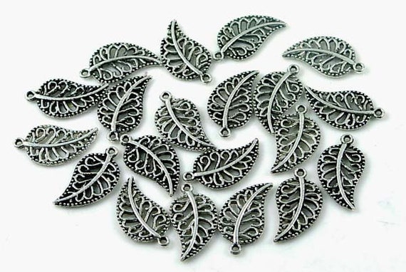 20 Silver Pewter Leaves Charm Beads 18x10m~ Lead-Free ~ 