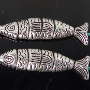 2 small Greek Worry Fish Antiqued Silver Pewter Segmented Assembled Focal Pendant Bead 35x8mm p296 image 2