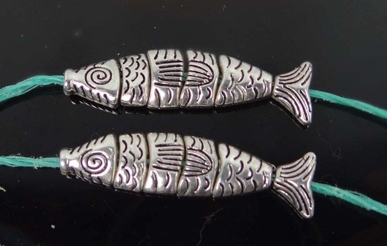 2 small Greek Worry Fish Antiqued Silver Pewter Segmented Assembled Focal Pendant Bead 35x8mm p296 image 2