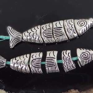 2 small Greek Worry Fish Antiqued Silver Pewter Segmented Assembled Focal Pendant Bead 35x8mm p296 image 4