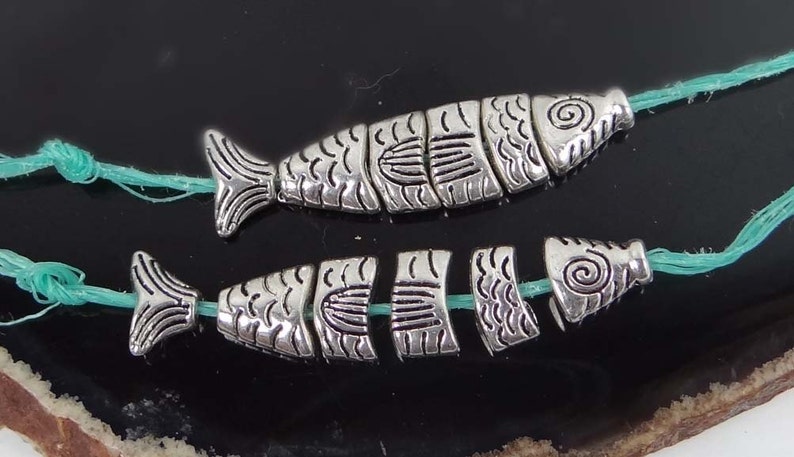 2 small Greek Worry Fish Antiqued Silver Pewter Segmented Assembled Focal Pendant Bead 35x8mm p296 image 4