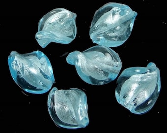 6 Lampwork Handmade Glass Silver Foil Sky Blue Twist Oval Beads 16x14mm (L1208)