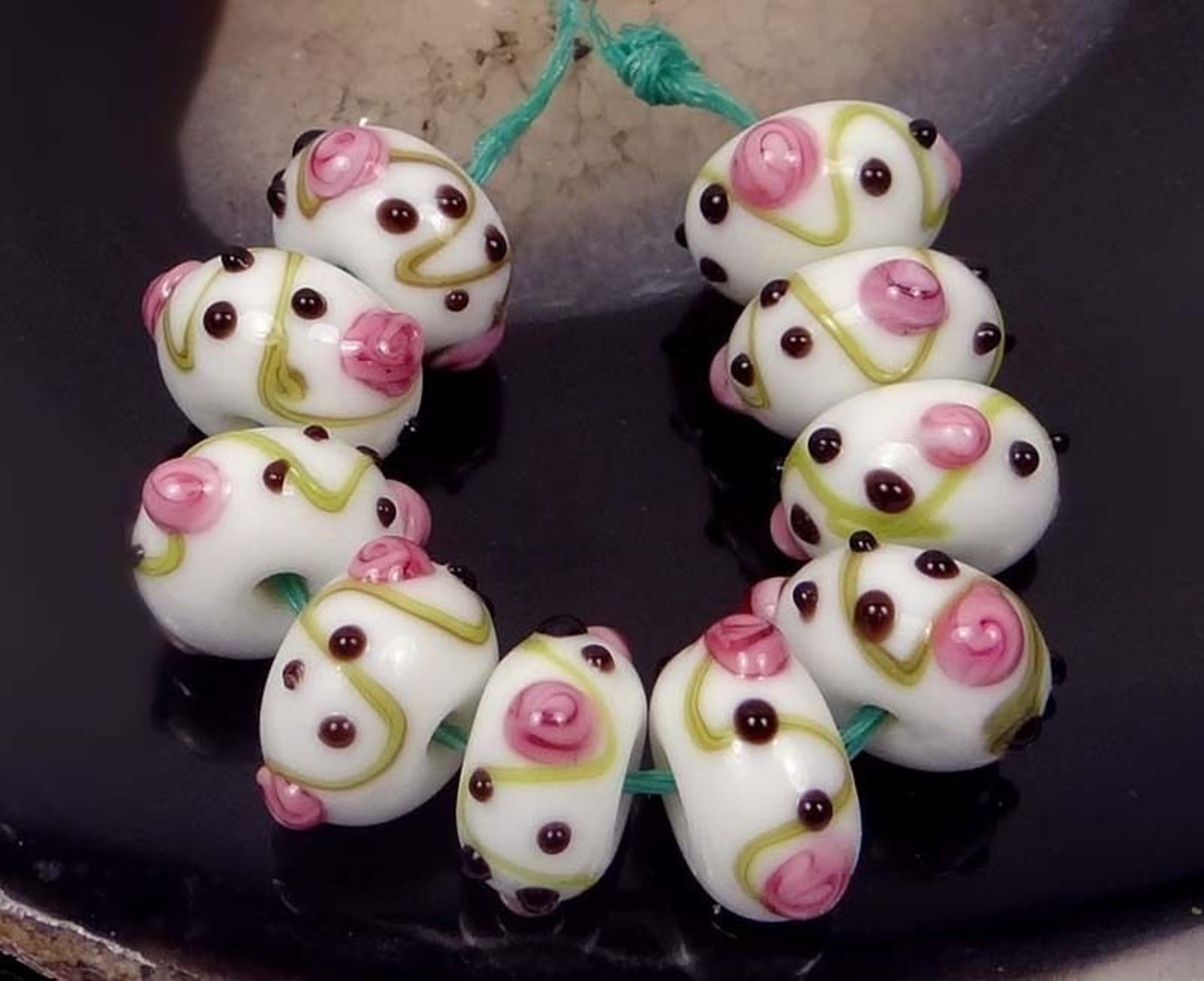 8 Lampwork Handmade Glass Pink White Green Flower Rondelle - Etsy