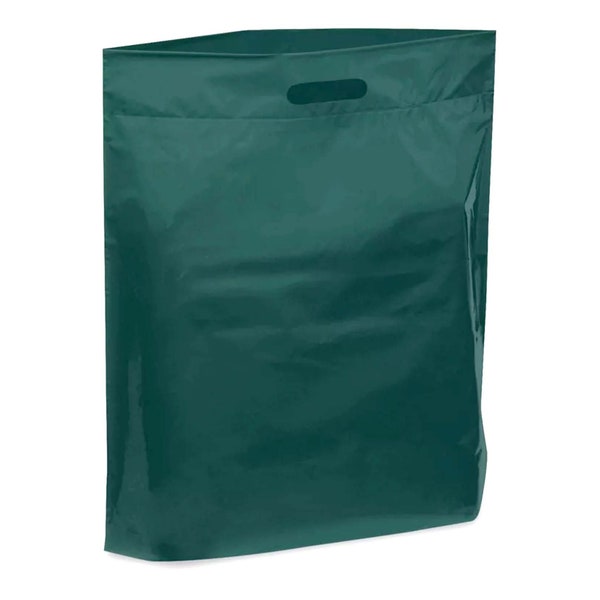 16x19 Inch Die Cut Handle Large Plastic Merchandise Retail Bags with 2 mil Thick High-Gloss Forest Green (B03)