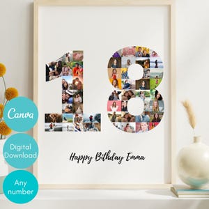 18th Birthday Photo Collage, 18th Birthday Gift, Birthday Number 18 Printable, 18th Photo Collage Template, Editable 18th Birthday, Canva
