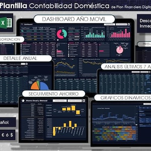 Plantilla Excel Finanzas Personales Contabilidad Doméstica con Panel de control de Gastos, Ingresos, Ahorro, Presupuestos e Inversiones.