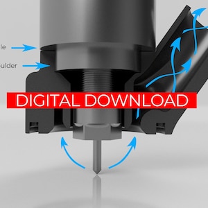 Könnte beinhalten: Nahaufnahme einer wassergekühlten Spindel mit einer 60 mm Schulter und einer 80 mm wassergekühlten Spindel. Die Spindel ist an einer schwarzen Metallbasis mit einem digitalen Download-Label befestigt. Blaue Pfeile zeigen die Richtung des Luftstroms an.