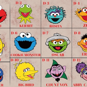May include: A grid of cartoon character faces, including Elmo, Kermit, Rosita, Zoe, Bert, Cookie Monster, Oscar, Ernie, Grover, Big Bird, Count Von, and Abby Cadabby. Each character has a unique color scheme and facial expression.